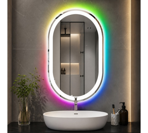 Овальное зеркало с цветной RGB подсветкой для ванной Равелия 60х80 см