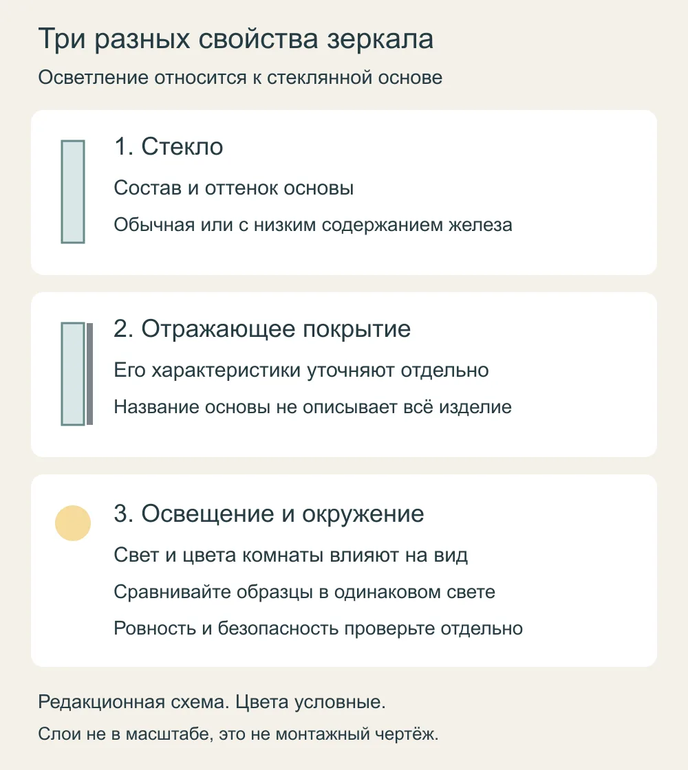 Схема трёх факторов: стеклянная основа, отражающее покрытие, освещение и окружение