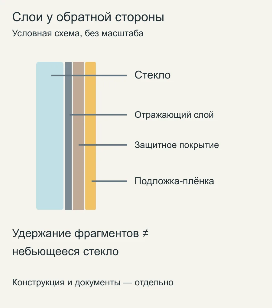 Схема стекла, отражающего покрытия и задней удерживающей плёнки