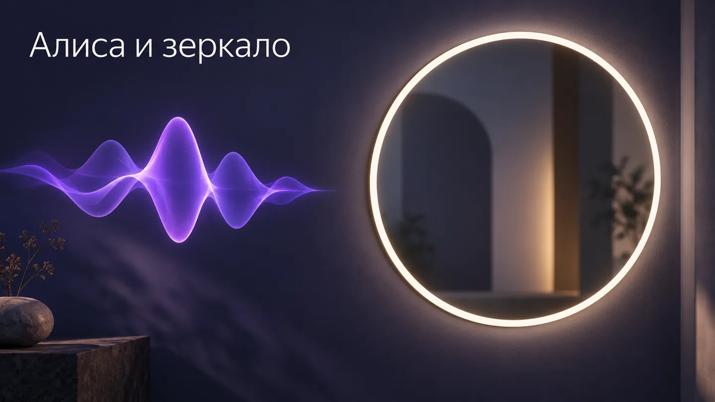 Условный образ зеркала с подсветкой и отдельной звуковой волны для объяснения голосового управления