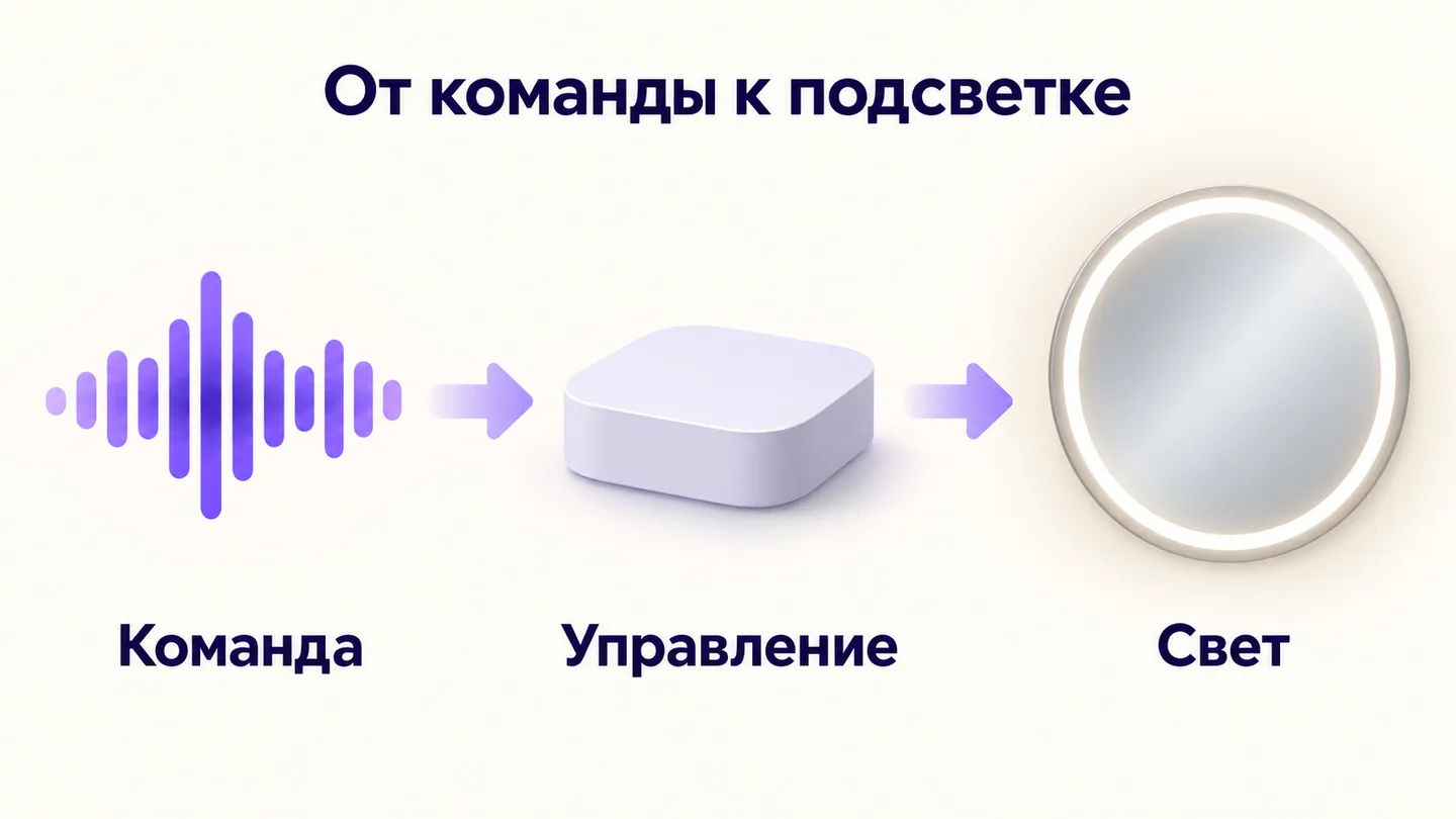 Условная последовательность: голосовая команда, совместимое управление и включение подсветки зеркала
