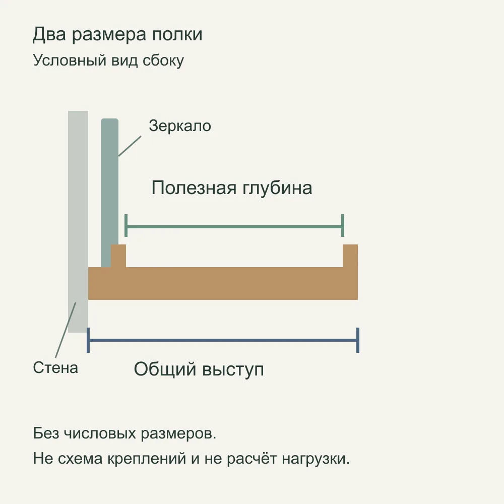 Условная схема сбоку: общий выступ от стены и полезная глубина между бортиками полки